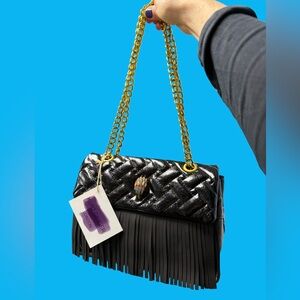 Black quilted fringe faux leather purse bird head gold chain strap crossbody new